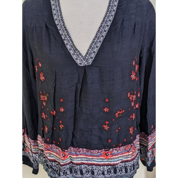 Desigual Top Women Large Black Beaded V Neck Top Long Sleeve Artsy Boho Colorful - Picture 2 of 8